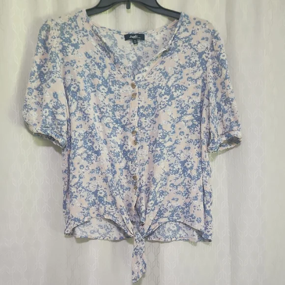 Angels Blue and White Tie Front Short Sleeve Blouse - Picture 1 of 13